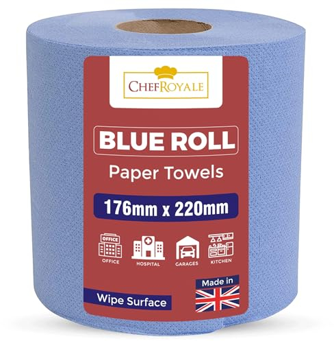 Chef Royale Toalla de papel de cocina, paquete de 1, rollo de cocina multiusos, papel de cocina de alimentación central azul, para el hogar, oficina, almacén, baño, garaje, cocina (azul, paquete de 1)