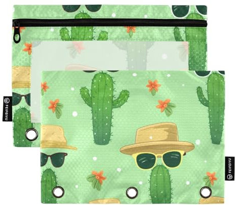 Federmäppchen für 3-Ringbuch, Kaktus mit Hüten, Federmäppchen, Kosmetiktasche mit Reißverschluss, transparentes Fenster, für Büro, Reisen, Kosmetik, 2 Stück, Kaktus mit Hüten, one sizex2, Aktentasche
