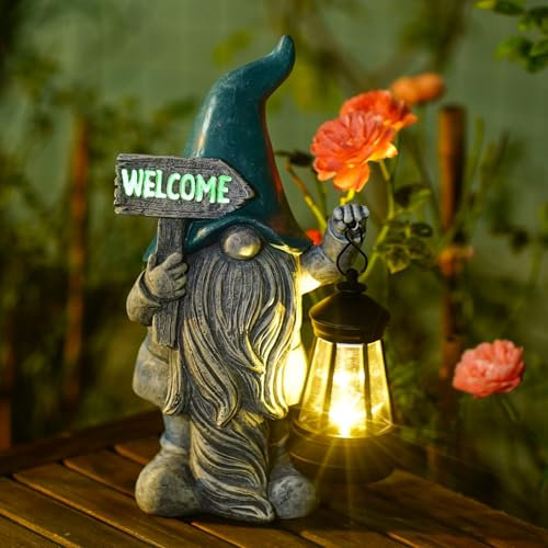 Yeomoo Gartenzwerge Lustig mit Solarlampen für Außen Gartendeko: Gartenzwerge Willkommen Solar Garten Figuren Deko für Draußen Geschenke für Frauen Männer Mum Geburtstagsgeschenk Balkon Zimmer Deko
