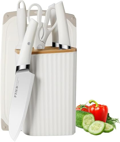 Küchenmesser-Set, 7-teiliges weißes Edelstahlmesser-Set mit Universal-Messerblock, Anti-Rost, Anti-Stick, scharfes Kochmesser-Block-Set mit Spitzer, Schere (7-teiliges Set mit Schneidebrett)