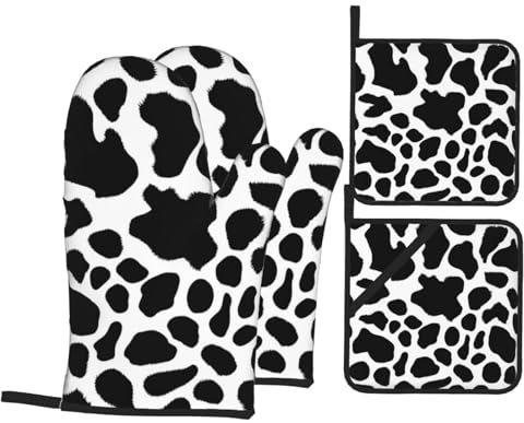 YYHHAOFA 4-teiliges Set aus isoliertem Ofenhandschuh und Topflappen mit Kuhfell-Aufdruck, dick und langlebig