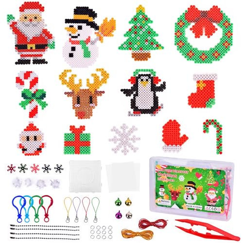 ZABARE Bügelperlen Weihnachten Set,Steckperlen Weihnachten 5mm mit Bügelperlen Platten Vorlagen,12 Muster und Bügelpapier, Anhänger Zubehör zum Basteln Handwerk für Geschenk Weihnachts Deko