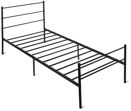 Amazon Basics Bed Frame with Headboard, Non-Slip with Steel Slats, Metal non foldable, 90W x 190L, Single, Black