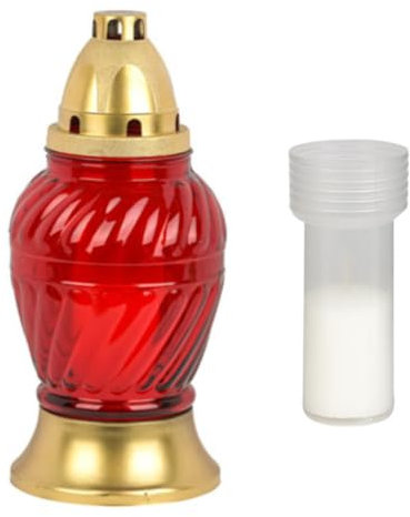 Grablaterne Öllampe Dauerbrenner Trauerlicht Glas Kunststoff rot 21,5 cm hoch (rot + 1 Kerze)