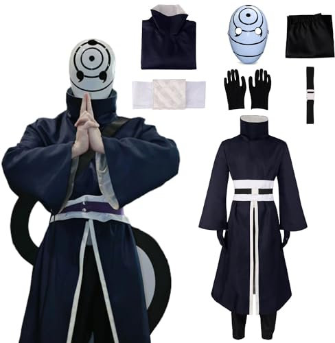 IGHSNZUH Herren Anime Uchiha Obito Cosplay Kostüm mit Maske Charakter Robe Kimono Uniform Erwachsene Set Dress Up Outfits Umhang Anzug Halloween Karneval Party Stuff(L)