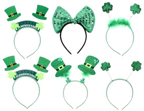 TOVINANNA 6 Stück St Patrick Serre-tête Trèfle Vert - Bandeau de Déguisement avec Nœud en Mousse - Accessoires de Cheveux pour Carnaval, Soirée à Thème et Fête Irlandaise - Styles Aléatoires