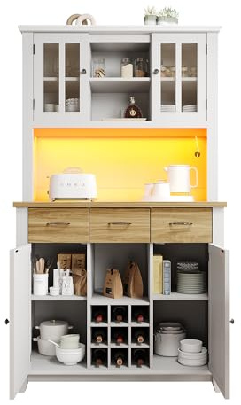 Küchenbuffet 106 x 40 x 179.5 cm,Küchenschrank Sideboard mit 3 Schublade Flaschenregal,Kitchen Cabinet mit 2 Lagerschränken /11 Ablagefächer, Kommode Buffetschrank für Küche & Wohnzimmer,weiß