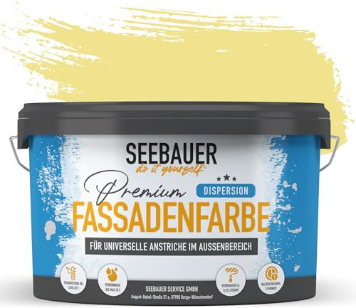 SEEBAUER diy Universal-Fassadenfarbe Gelb 5L für Außen (No. 455 Lemon Soda) Hoch deckende Fassadenfarbe mit Wetterschutz - Geeignet für Putz, Mauerwerk und Beton