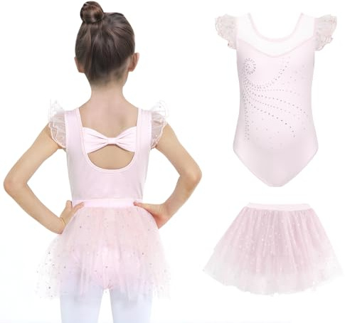 JiAmy Mädchen Ballettbekleidung Rüschenärmel Ballettkleid Kinder Ballett Outfit Tanzkleid Ballerina Kleid mit Rock Tütü für 5-6 Jahre,Rosa