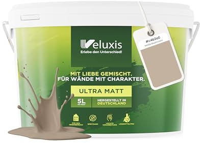 Veluxis Wandfarbe Beige Braun Creme matt 5 L – Matte Mushroom | Innenfarbe mit Deckkraft Klasse 1, VOC-frei, ohne Grundierung, tropfarm, für Wohnzimmer und Schlafzimmer