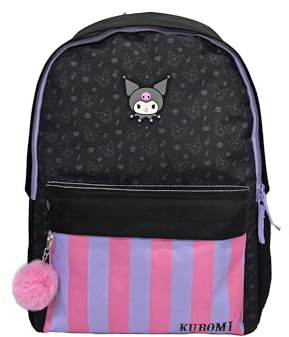 Kuromi Schulrucksack, anpassbar an Trolley, Laptop-Fach, innen komplett gefüttert und personalisierbar, mit POM-POM-Zubehör, 42 x 31 x 13,5 cm