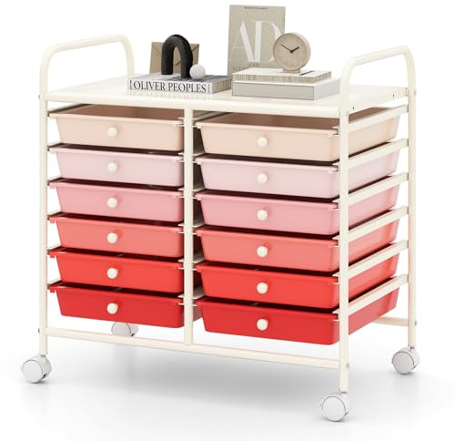 RELAX4LIFE Carrello di Stoccaggio con 12 Cassetti Estraibili, con Ruote Bloccabili e Maniglie, Struttura in Metallo, Carrello di Servizio con Ampia Piano per Soggiorno, Sala Giochi (ROSA)