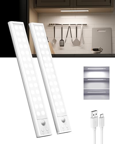 EZVALO LED Schrankbeleuchtung mit Bewegungsmelder, 25 cm, kabellos, USB-C wiederaufladbar, magnetisch, ohne Bohren, kaltweiß, für Schrank, Küche, Flur und Treppe, 2er-Set