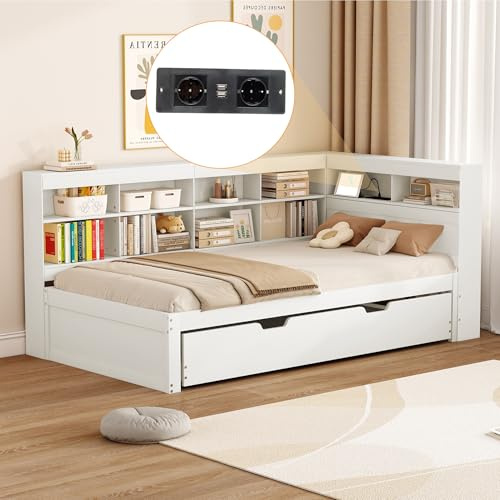 okwish Kinderbett Schlafsofa 90x200 cm Jugendbett Tagesbett mit Ausziehbett, Einzelbett Stauraumbett mit USB-Ladestation und Regal, Kiefernholz, Weiß, ohne Matratze
