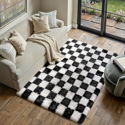 HUGEAR Kariert Flauschig Teppich Wohnzimmer 140x200cm Schwarz Weiß Shaggy Carpet