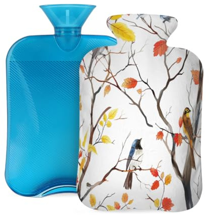 Wärmflasche aus Gummi mit weichem Bezug, Herbst-Ahornblätter, Vögel auf dem Baum, 2 l, Wärmbeutel zur Schmerzlinderung, Wärme- und Kältetherapie