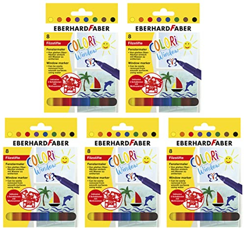 Eberhard Faber 550022 - Window Marker Colori, 8 Fensterstifte abwaschbar, inkl. 3 Schablonen (5 Packungen)