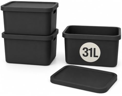 Plastard Aufbewahrungsbox mit Deckel 3er-Set 31 Liter in Anthrazit | BPA-Freie Ordnungsbox für Küche, Bad, Büro, Kinderzimmer, Robuste Stapelbare Kunststoffbox, 46 x 34 x 26 cm, Ordnungskiste