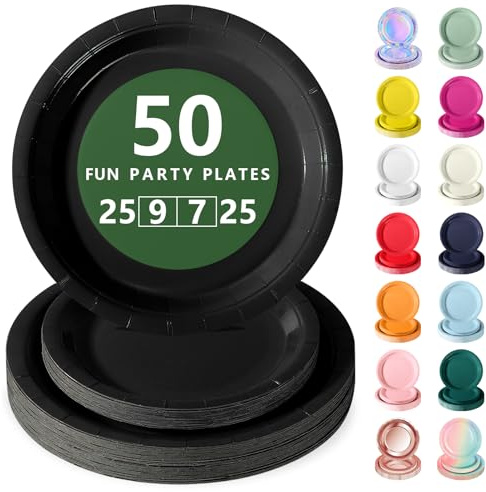 Nkaiso Disposable Paper Plates 50 Pack, Black Party Plates Dinner Set - 25x9inch & 25x7inch Plate Elegant Disposable Tableware for Birthday, Wedding, Christmas Party Supplies