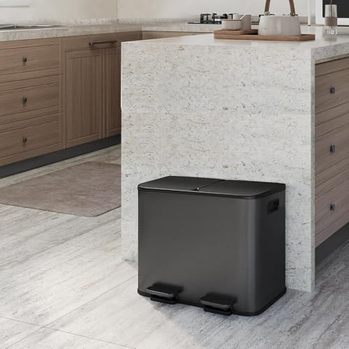 GarveeTech Poubelle Cuisine 2 x 15L (30L) Inox, Tri Sélectif Double Compartiment Avec Pédales Métal, Couvercle Fermeture Douce Et Maintien Ouvert, Seaux Amovibles, Anti-Odeur, Noir
