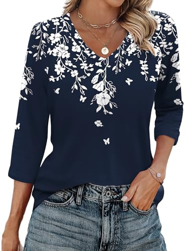 Zeagoo Womens 3/4 Sleeve Tops V Neck Ladies Blouses Casual Summer Tunic | Floral Top | Basic Shirts | Raglan Sleeve Tops | S-3XL