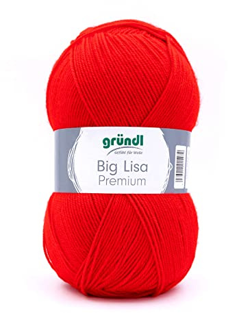 Gründl Big Lisa Premium Häkelgarn 1 Knäuel 250 g, Rot | Häkelgarn mit wollartigem Charakter, pflegeleichtes Garn aus 100 % Polyacryl, 250 g / 665 m, Nadelstärke: 3,5 - 4,5