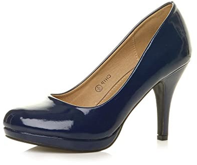 Ajvani Womens Ladies mid high Heel Platform Work Evening Court Shoes Pumps, 4 UK, Navy Patent