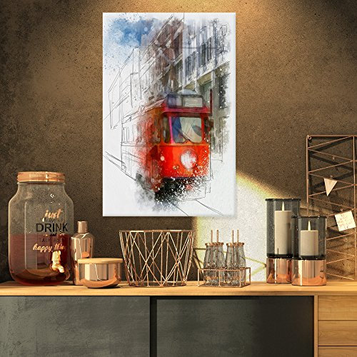 Design Art PT13906-16-32 Red Trolley Car Aquarell SketchLarge Cityscape Kunstwerk auf Leinwand, 40,6 x 81,3 cm