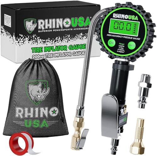 Rhino USA Digital Tyre Pressure Gauge with Inflator (0-1400 KPa) (0–200 PSI) – Heavy-Duty Chuck, 5 cm Dial, Stainless Hose & Brass Components – Ideal for Cars, Trucks, Motorbikes, and RVs