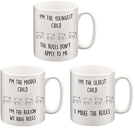 3 x Funny Siblings Mugs - Youngest, Middle, Oldest Child Sister Brother Rules - Coffee & Tea Gift or Office Mugs