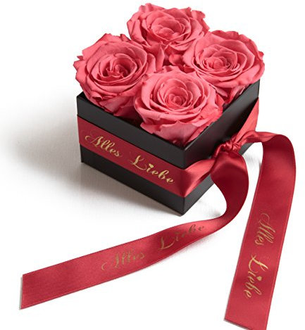 Alles Liebe Blumen eschenka - Rosenbox mit konservierten Rosen haltbar 3 Jahre 8,5 x 8,5 cm - Geschenk zum Muttertag (Alles Liebe, Koral Rot)
