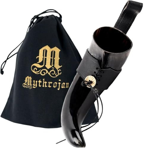 Mythrojan Cuerno vikingo para beber negro medieval auténtico con correa, cuerno de cerveza nórdica, gran cuerno de bebida, jarra de ale vikinga, cuerno de bebida de 400 ml, réplica de cuerno vikingo