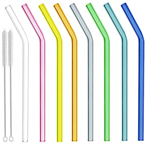 8 Stücke 21,5 Zentimeter Gebogene Bunte Glas Strohhalme mit Zwei Reinigungsbürsten