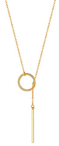 FOCALOOK Damen Collier 18k vergoldet Ring und Stäbchen Anhänger mit 73cm lang Kette verstellbar Lariat Halskette Y-Kette trendig Modeschmuck Accessoire für Frauen Mädchen V-Ausschnitt Kleid