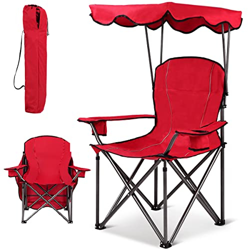 COSTWAY Chaise de Camping avec Parasol, Porte-gobelet, Accoudoir Rembourré, Structure en Acier Robuste, Support de Chaise Longue Portable 120 KG, Idéal pour Terrasse, Plage, Camping Etc. (Rouge)