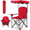 COSTWAY Chaise de Camping avec Parasol, Porte-gobelet, Accoudoir Rembourré, Structure en Acier Robuste, Support de Chaise Longue Portable 120 KG, Idéal pour Terrasse, Plage, Camping Etc. (Rouge)