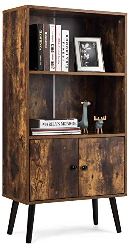 COSTWAY Bücherschrank mit 2 Türen, Bücherregal Holz, Standregal Vintage, Holzregal braun, Aufbewahrungsregal 60x30x120cm