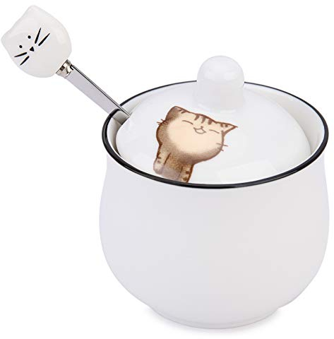 Small Ceramic Sugar Bowl, Kitchenexus Porcelain Sugar Bowl with Lid and Stainless Steel Spoon 8.5oz/240ml with Cat Pattern, Suit for Coffee Bar, Kitchen and Home breakfast, Best Gift for Cat Lovers