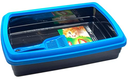 Arenero/Gatera para Gatos - Fabricado en España - Incluye Pala - Productos para Mascotas, Arena y Limpieza del hogar, arenero de Gato con Pala - 47 x 31 x 11 cm - Color Negro (Marco Azul)