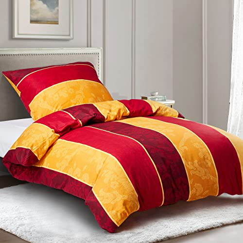 HENGWEI Bettwäsche 140x200 aus 100% Baumwolle Atmungsaktive Kuschelige Bettwäsche-Sets für Allergiker mit Reißverschluss, Bettbezug 140 x 200 + Kissenbezug 70x90, Orange Blumen Streifen,120 g/m²