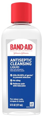 Band-Aid Brand Antiseptic Cleansing Liquid, First Aid Antiseptic Wash Relieves Pain & Kills Germs, with Benzalkonium Cl Wound Antiseptic & Lidocaine HCl Topical Analgesic, 6 fl. oz