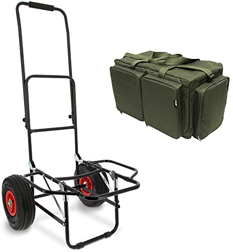 Carp Fishing Trolley Twin Wheel Quick Folding Lightweight with Large Carryall Tackle Bag Setup