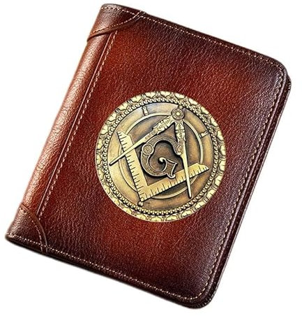 Einzigartige Herren Geldbörsen Echtem Leder, Hohe Kapazität Trifold Slim Vintage Kurze Brieftasche, Freimaurer Symbol Kartenhalter Luxuriöses Männergeschenk Portemonnaie,Braun,Style5