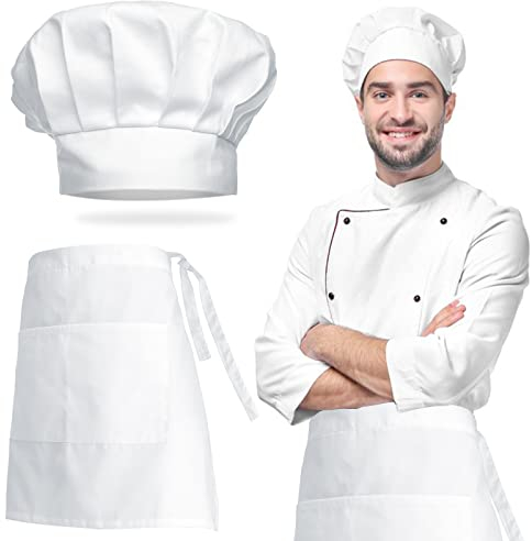 1 Gorro de Cocinero + 1 Delantal de Cintura Unisex, Gorro de Chef Ajustable de Poliéster-Algodón y Delantal de Cintura Blanco con dos Bolsillos, Adecuados para Casa, Restaurantes y Artesanales
