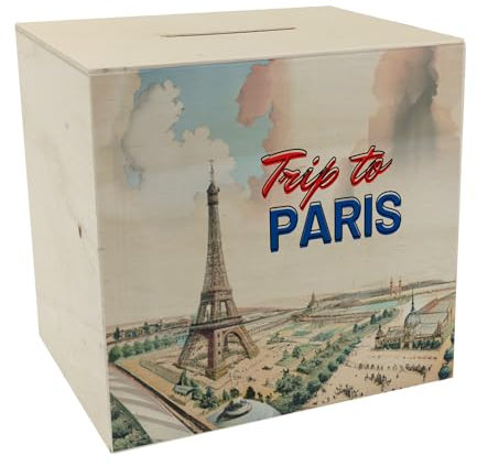 Trip to Paris Spardose aus Holz mit Eiffelturm im Retro Style Paris Weltausstellung Stadt der Liebe Lichterstadt Sparbüchse Geldbüchse Sparschwein Reise Urlaub Sehenswürdigkeiten