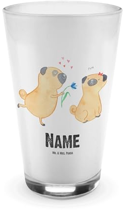 Mr. & Mrs. Panda Personalisiertes Glas Mops Verliebt - Personalisierte Geschenke, Hunderasse, Klassisches Glas Mit Personalisierung, Büroglas