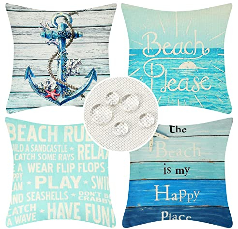Velvhom Wasserdichter Kissenbezug 40x40cm Ozean Ankerstrand Meer Blau Zierkissenbezüge Dekokisse Sofakissen Couchkissen Outdoor Leinen Kissenbezüge für Schlafzimmer Sofa Stuhl Bett Garten 4er Set
