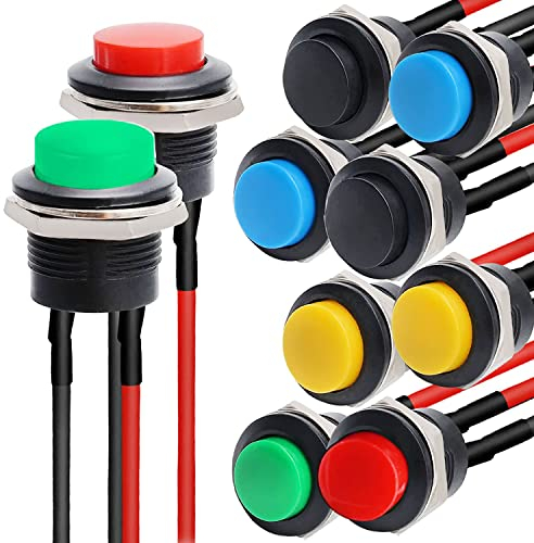 RUNCCI-YUN 10pcs 12V Interruttore Pulsante Rontondo,Mini Pulsanti,16mm Pulsante Interruttore Momentaneo,pulsanti da pannello per DIY auto, Campanello, Barca (Precablato)