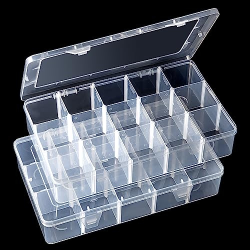 Gospire 2PCS 15 Grids Clear Plastic Jewelry Box Organizer Storage Container with Removable Dividers