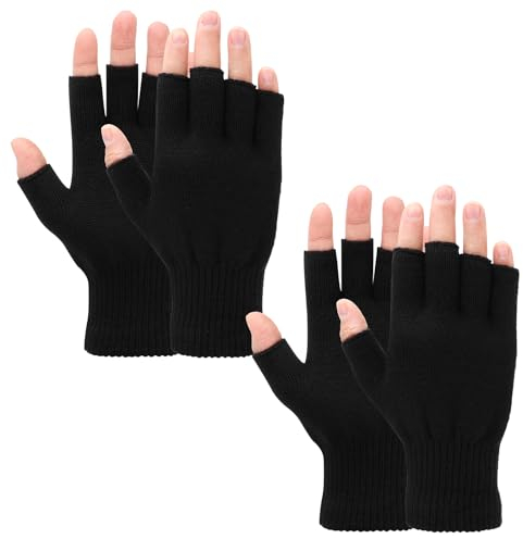 2 Pair Fingerless Cashmere Warm Gloves - Thickened Knit Touchscreen Stretchy Mittens for Men & Women - Black + Grey